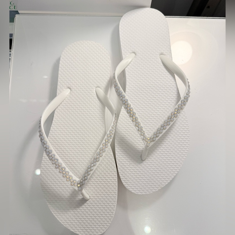 NEW NEVER WORN Embellished White Flip-Flops with Beaded Straps